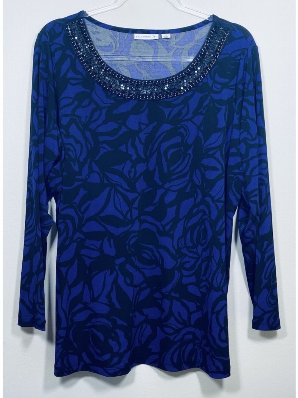 Susan Graver Size 1X Purple & Black Print Beaded Neck Liquid Knit Tunic Top NEW